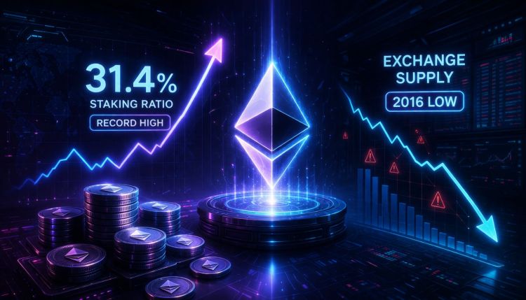 Ethereum Staking Ratio Hits Record 31.4% As Exchange Supply Crashes To 2016 Lows